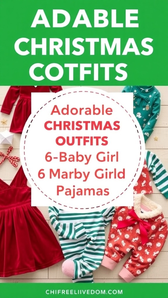 A selection of cute Christmas outfits for a baby girl, featuring a dress, romper, and pajamas, set against a holiday-themed backdrop.